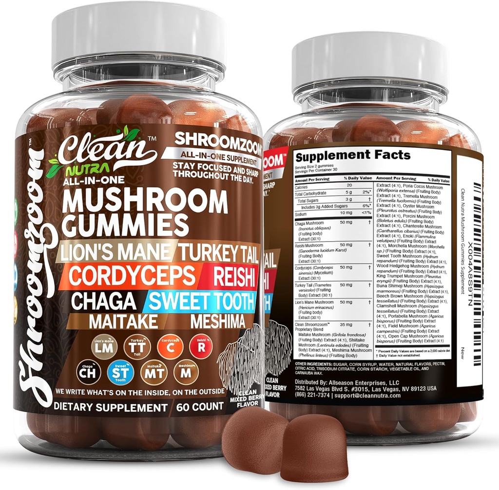 15in1 Mushroom Gummies med Lions Mane Tyrkiet Tail Cordyceps Reishi Chaga Sweet Toot Maitake Meshima Poria Cocos Shiitake Tremella, Oyster Agaricus Mushrooms for Mænd og Kvinder Supplement Clean Nutra