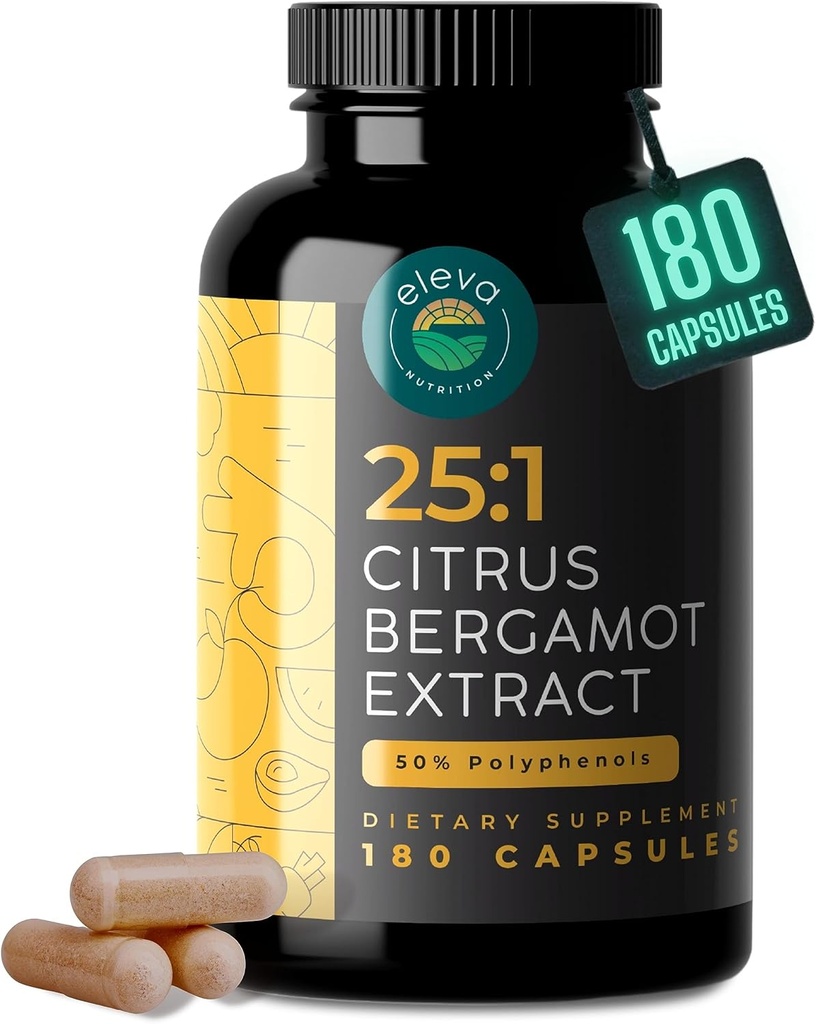 Citrus Bergamot Extract 1000mg kapsler - Natural 25: 1 Citrus Bergamot tillæg med 50% polyphenoler ekstrakt og sort peber - Natural Formel Vegan og non-GMO - 180 kapsler