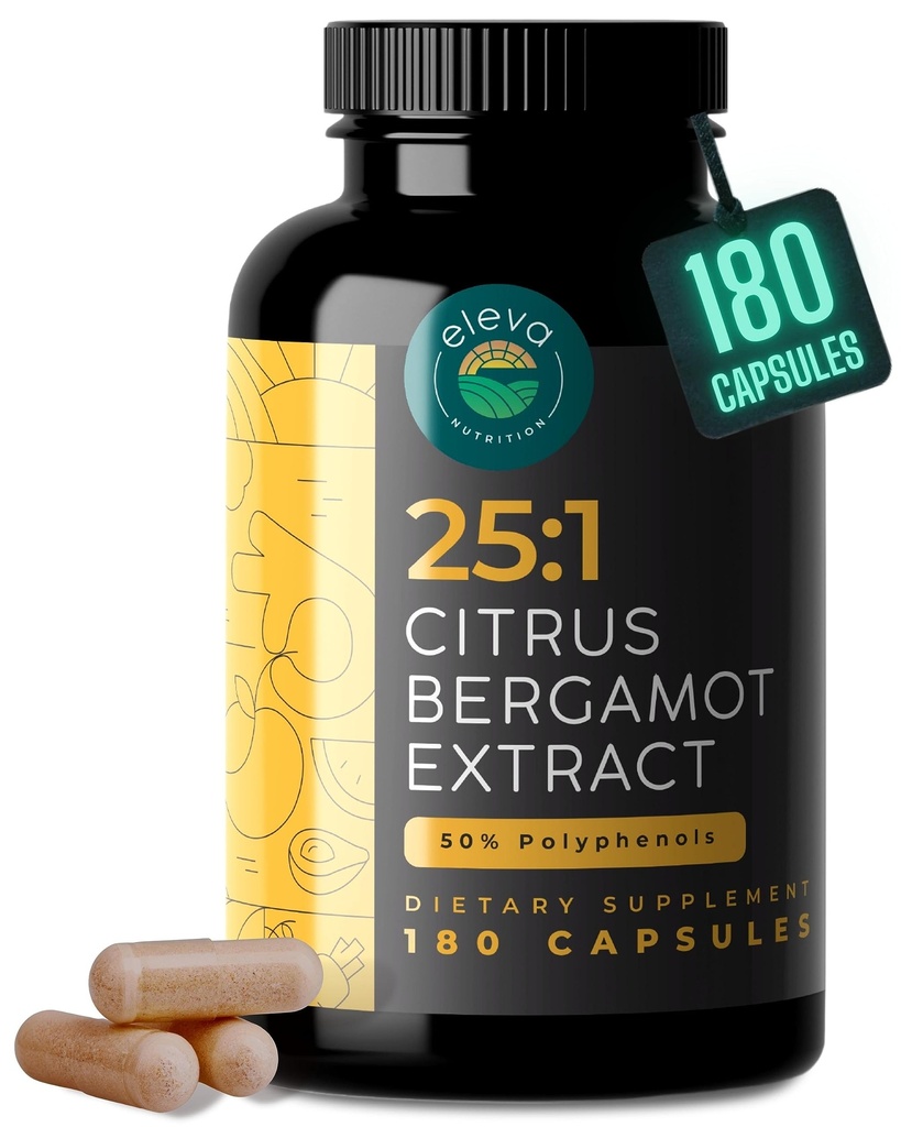 Citrus Bergamot Extract 1000mg kapsler - Natural 25: 1 Citrus Bergamot tillæg med 50% polyphenoler ekstrakt og sort peber - Natural Formel Vegan og non-GMO - 180 kapsler
