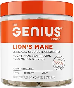 Genius Brand Genius Lions Mane - Plantbaseret supplement til hukommelse, Focus & Mood Support - Organic & Non- GMO - 120 Veggie Capsules