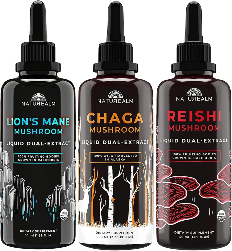 Natuerige Lions Mane, Reishi, & Chaga Mushroom Extract - Adaptogen Stack for Focus, Immunity, Longevity, Gut Health, Anti- Aging, Energy, Healing, & More - Organic Liquid Drops - 50 ml Hver (3 Pack)