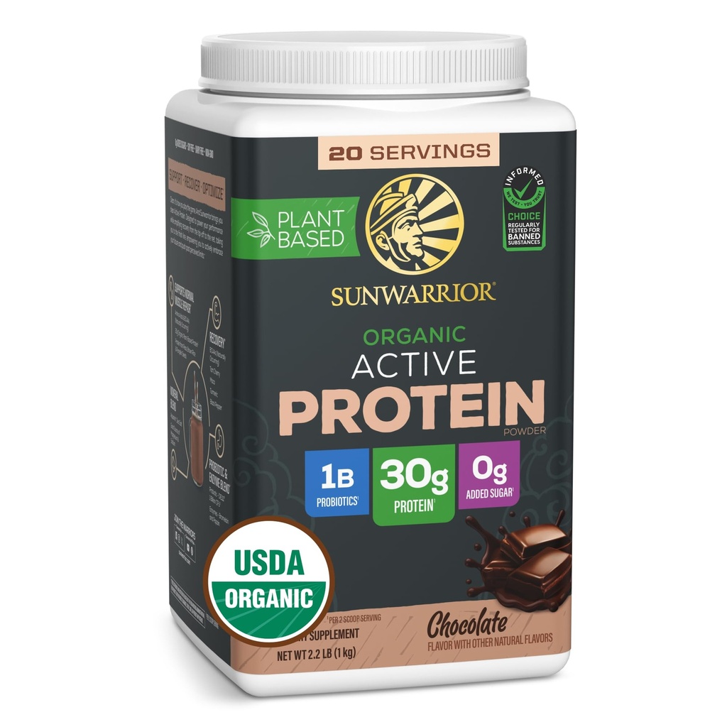 Sunwarrian Organic Plant Protein Powder 124; Vegan Organic Protein Powder with BCAA Aminoacids Plus Recovery Minerals & Botanticals Б124; Non- GMO Soy Dairy & Gluten Free (Chokolade, 20 Servere)
