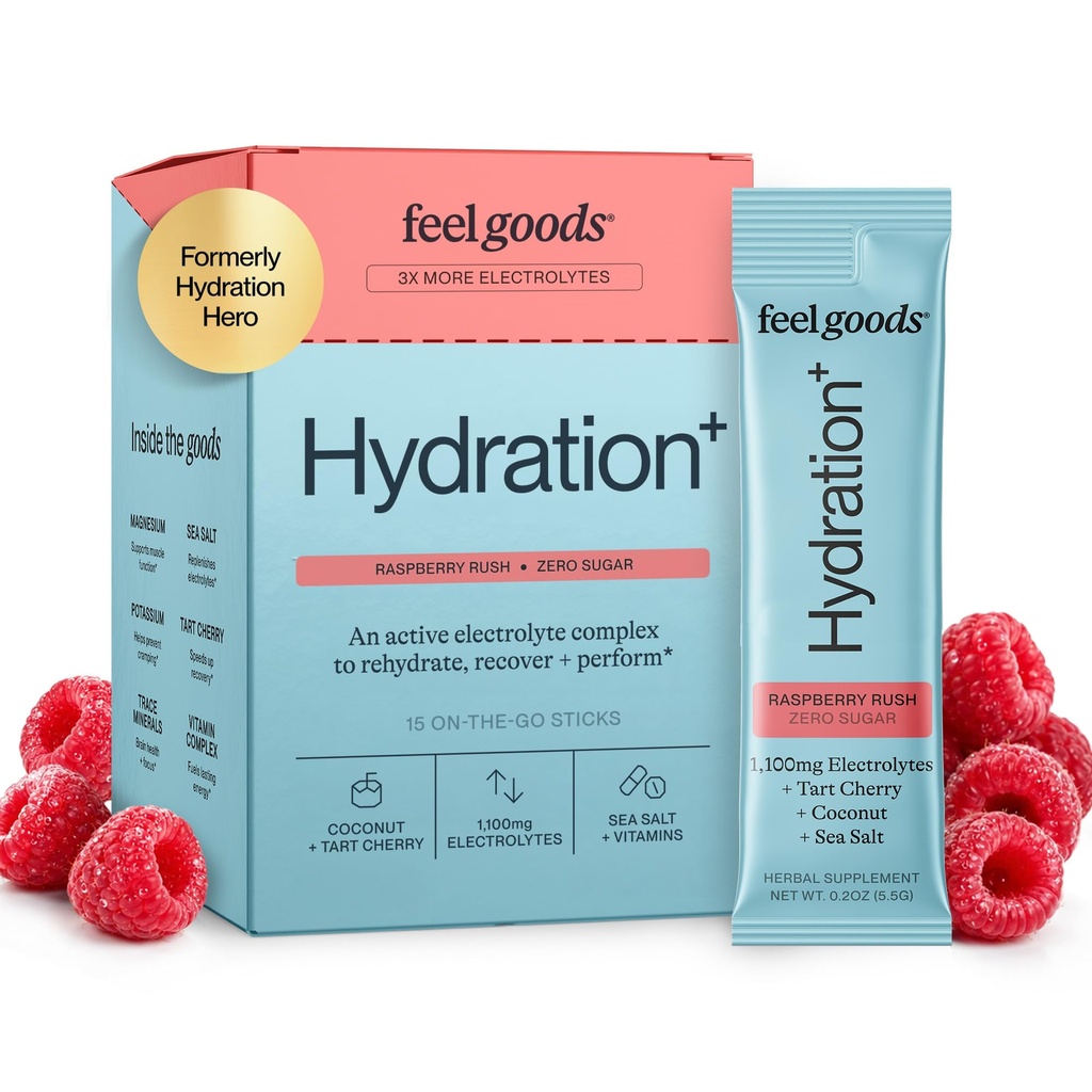 Feel Goods Hydration Hero, 1.000mg Electrolytes Powder, Sugar Free, Magnesium, Organic Aloe Vera, L Theanine, C-vitamin & B12, Keto, Vegan, Electrolyte Packets, Blue Raspberry, 15 Greve