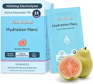 Feel Goods Hydration Hero, 1,000mg Electrolytes Powder, Sugar Free, Magnesium, Organic Aloe Vera, L Theanine, Vitamin C & B12, Keto, Vegan, Electrolyte Packets, Blue Raspberry, 15 Count