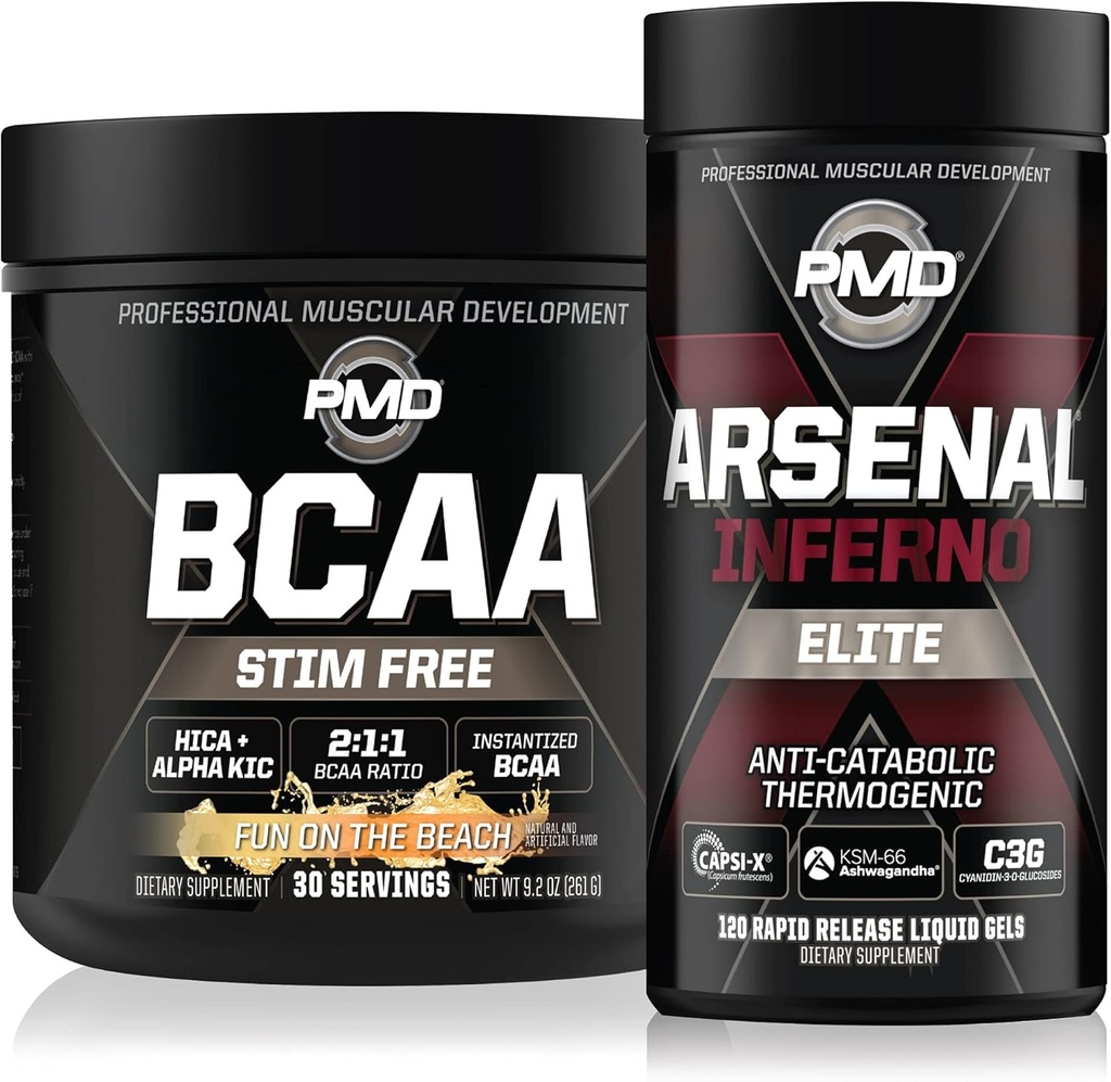 PMD Sports Arsenal X Inferno Superior Fast-Acting Liquid Gel Thermogenic Fat Burner (120 Liquid Gels) Sports BCAA for Recovery and Performance- Fun on The Beach (30 Servings)