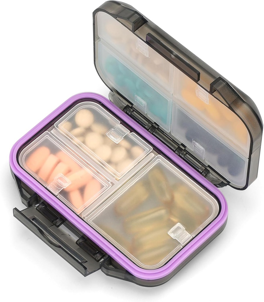 Pill Organizer Travel Pill Box Waterproof Medicine Case Container Supplement and Vitamin Holder Pocket Pharmacy Portable Pill Storage with 7 Compartments for Purse (Black)