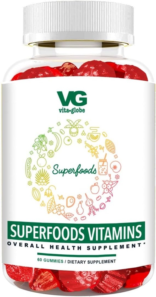 VITA GLOBE Superfood Gummy Vitamin - immunforsvar & antioxidant Support - Daglig Wellness Gummies for voksne & Børn - Vegan, Non- GMO, Gluten Free Superfood Supplement - 60 Greve