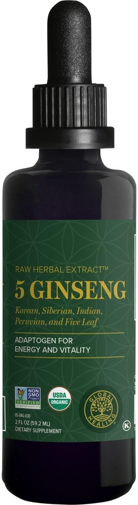 Global Healing Center - Ginseng - Organic Raw Herbal Extract - Liquid Panax Supplement Drop Promodes Energy - Koreansk og sibirisk Ginseng Supplement, Maca, Ashwagandha - Non- GMO - 2 Fl Oz