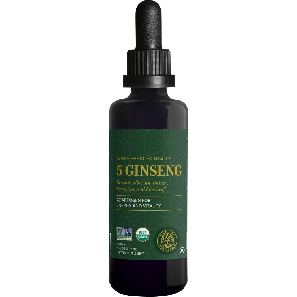 Global Healing Center - Ginseng - Organic Raw Herbal Extract - Liquid Panax Supplement Drop Promodes Energy - Koreansk og sibirisk Ginseng Supplement, Maca, Ashwagandha - Non- GMO - 2 Fl Oz