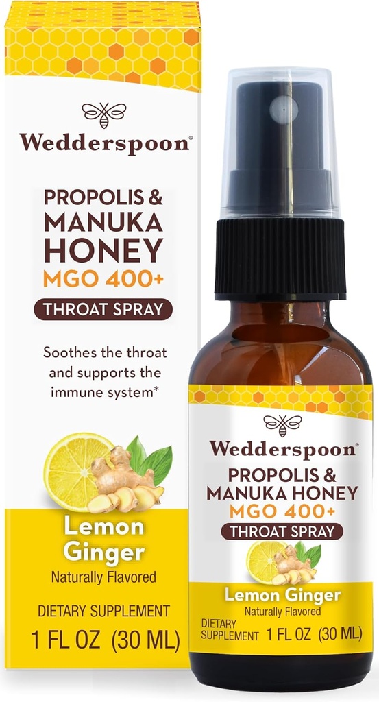 Wedderspoon Propolis og Manuka Honey Throat Spray, Lemon & Ginger, 1 Fl Oz (pakke med 1), Sore Throat Relief, Natural immunforsvar