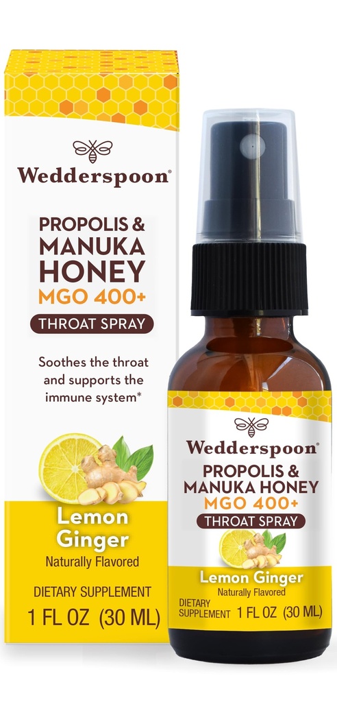 Wedderspoon Propolis og Manuka Honey Throat Spray, Lemon & Ginger, 1 Fl Oz (pakke med 1), Sore Throat Relief, Natural immunforsvar