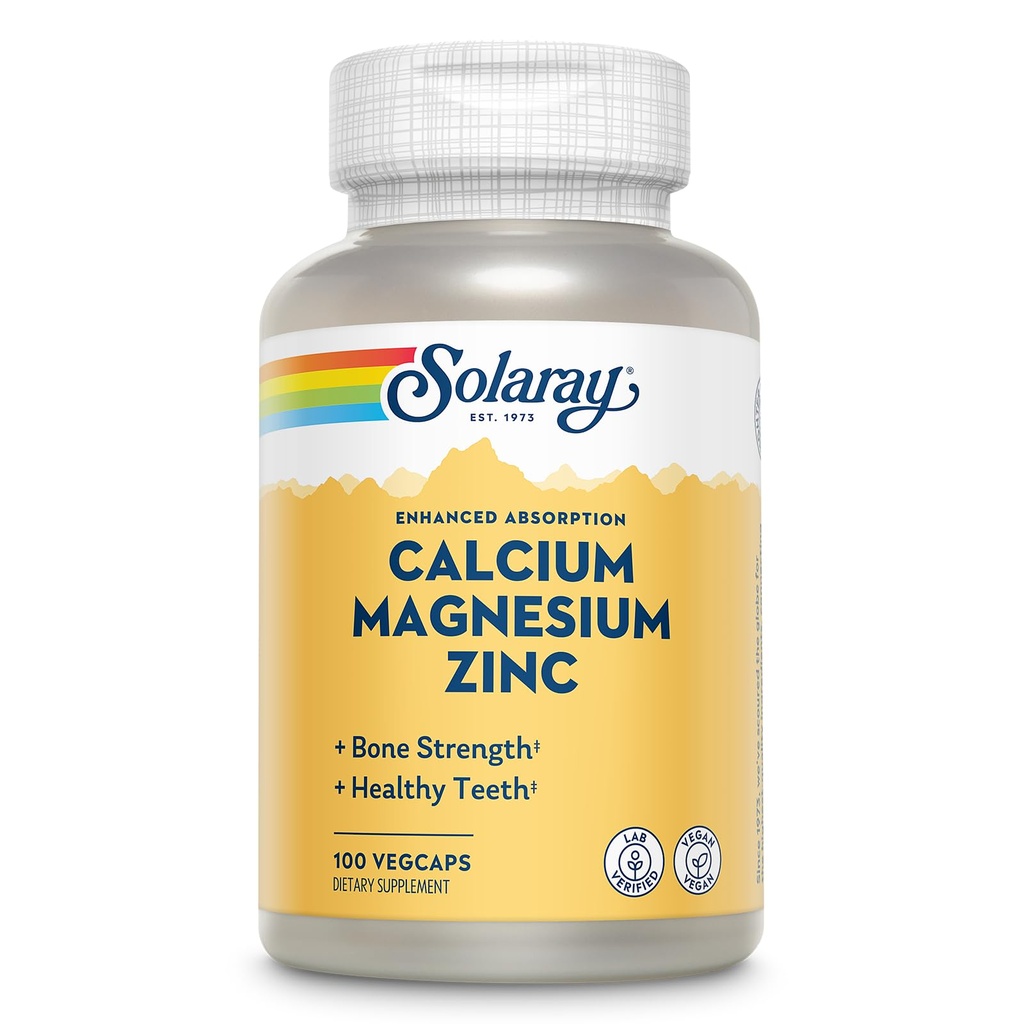 SOLARAY Calcium Magnesium Zink supplement - med Calcium 1000mg, Magnesium 500mg - Knoglesundhed, muskelfunktion, hjerte sundhed og immunforsvar - Vegan, 60 dages garanti, 25 Servere, 100 VegCaps