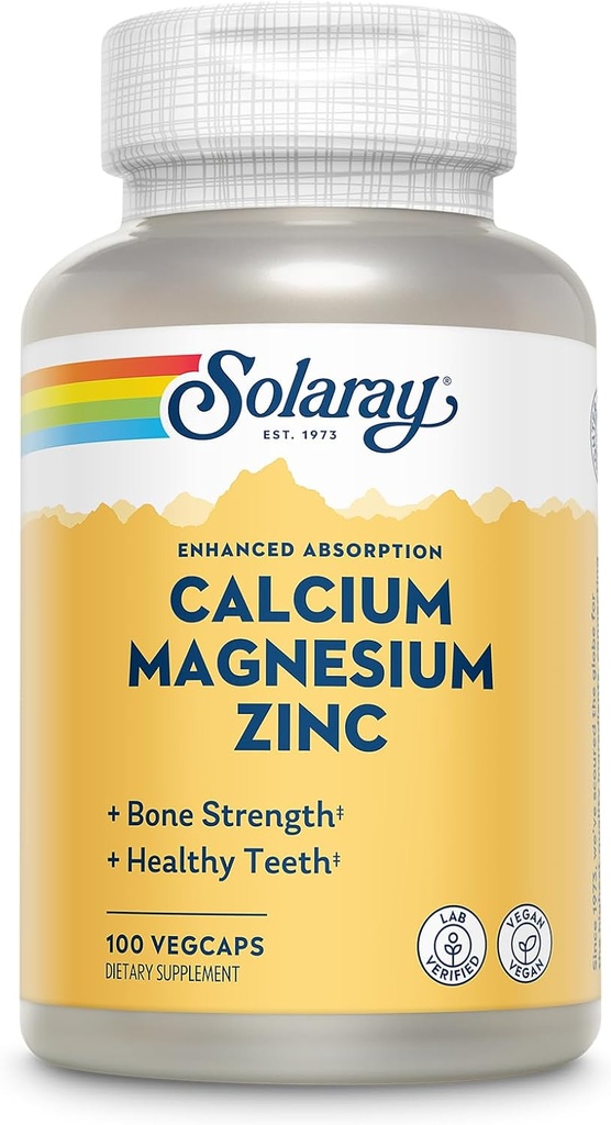 SOLARAY Calcium Magnesium Zink supplement - med Calcium 1000mg, Magnesium 500mg - Knoglesundhed, muskelfunktion, hjerte sundhed og immunforsvar - Vegan, 60 dages garanti, 25 Servere, 100 VegCaps