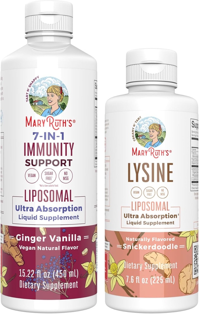 MaryRuth Organics Lysin Liposomal (Snickerdoodle) & Immunity (Ginger Vanilla) - 124; Clean Label Project Verified ® - 124; Vitamin til immunforsvar & Beauty; Vegan, Non- GMO, Gluten Free