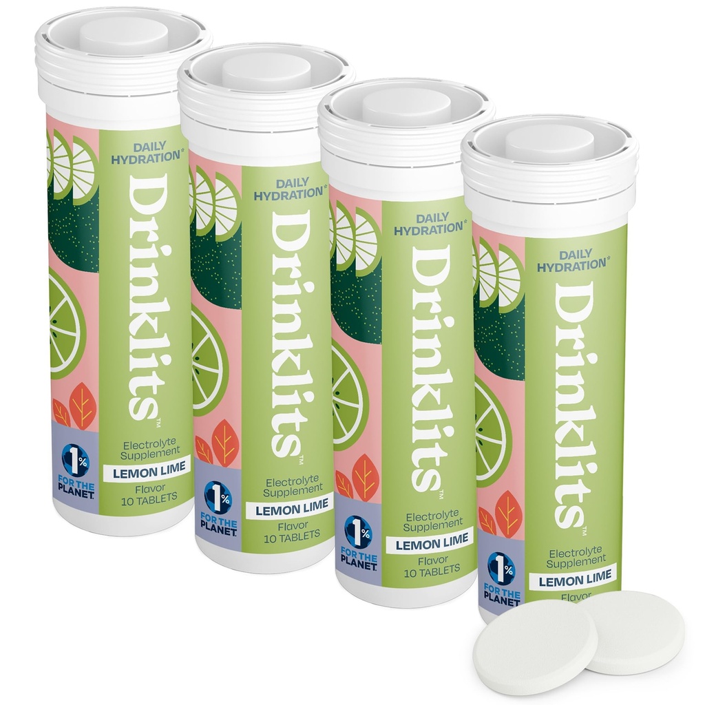 Drinklits Lemon- Lime Daily Electrolyte Hydration Tablets (4) Tube Bundle - 124; Natural Sports Drink - 0g Sugar - Excellent Flavor - 124; 40 Servering - 10 tabletter Per Tube