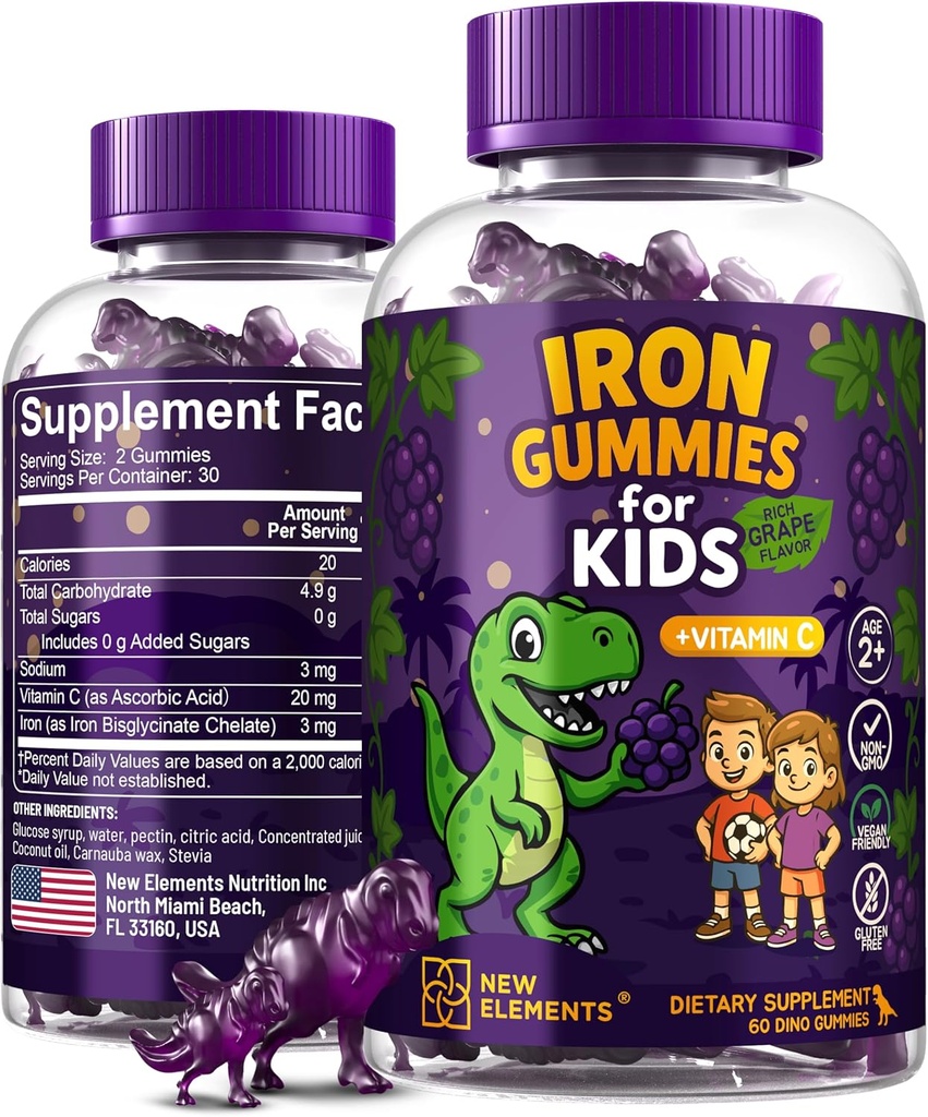 Iron Dinosaur Gummies for Kids med C-vitamin; sukkerfri, Vegan, Glutenfri & Non- GMO; Anæmi Relief, Energy & Blood Health Support