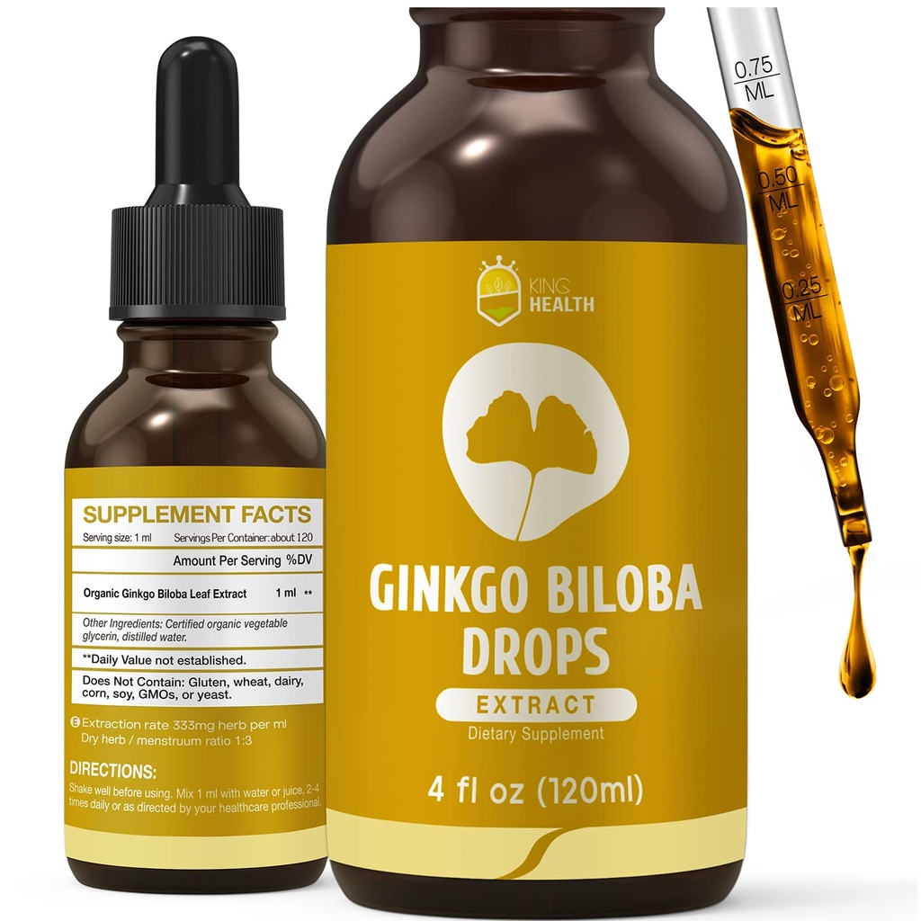 Organic Ginkgo Biloba Extract Liquid Support, Brain & Focus Support, 98% Absorption, Vegan, Non- GMO, Alkohol & Gluten Free - 4 Fl Oz