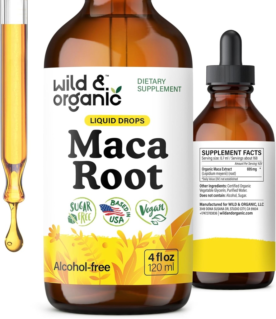 Wild & Organic Maca Root Liquid Drops for Men & Women - Peruvian Maca Tincture for Overall Support - Vegan, Sugar & Alcohol-Free Supplement - 4 fl oz
