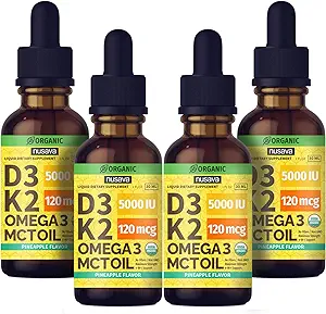 (4 Pack) Organic Vitamin D3 K2 Drops med MCT Oil Omega 3, Maksimum Strength Vitamin D Liquid 5000 IE, No Fillers, Non- GMO Liquid D3 for Hurtigere Absorption og immunforsvar (Ananas, 4 Fl Oz)