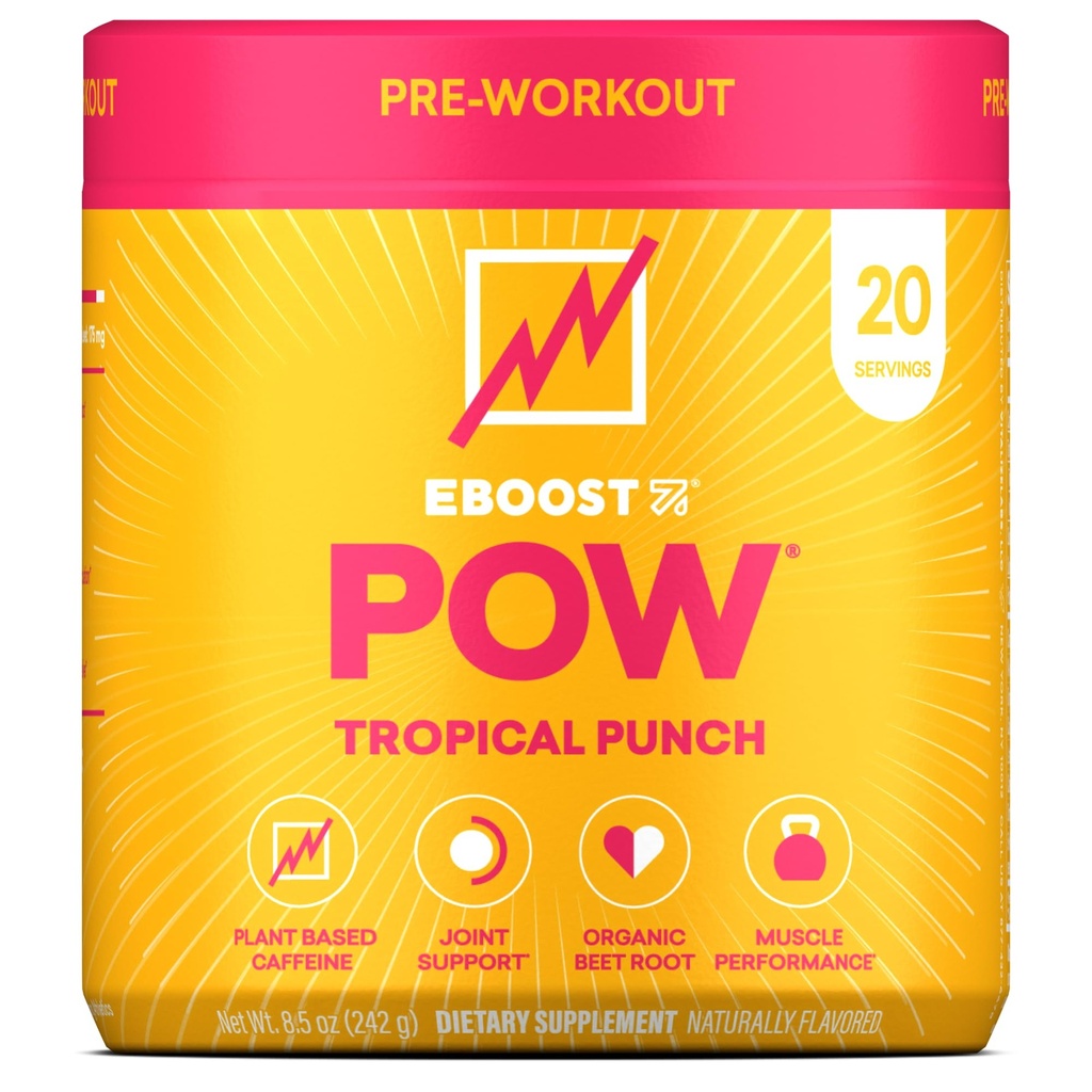 EBOOST POW Natural Pre Workout Powder - 20 Servering - Tropical Punch - En Pre Workout supplement til ydeevne, fælles mobilitetsstøtte, energi, fokus - Mænd & kvinder - Non-GMO, Gluten- Free, Ingen Creatin