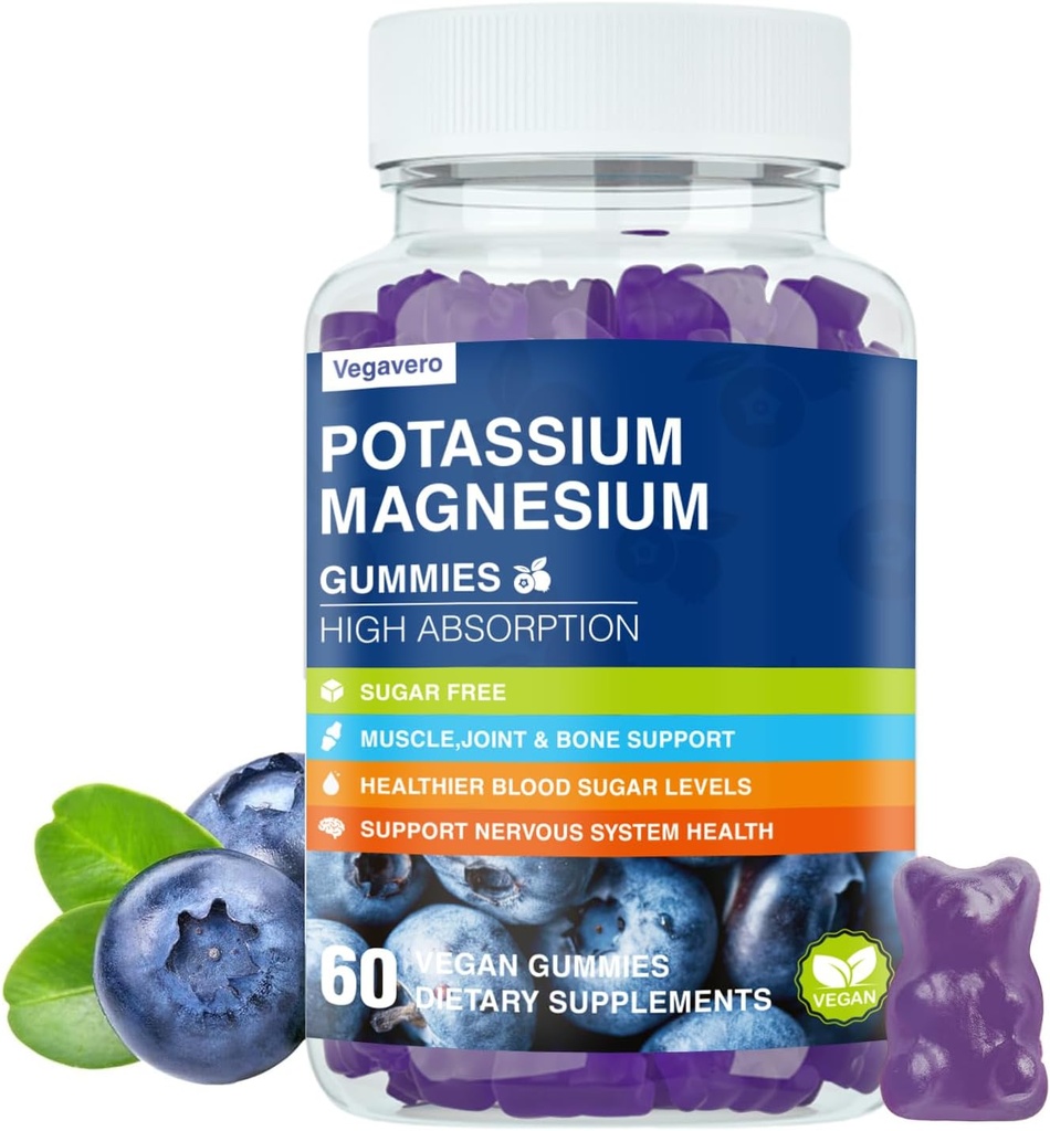 Magnesium Kalium Supplement Gummies - Høj Absorption Calm Magnesium Glycinate & Kalium Citrate Plus Coenzym Q10, DHA, D3, Mineral & Calcium til Zzz, Leg Cramp & Muscle - 60 Blueberry Gummies