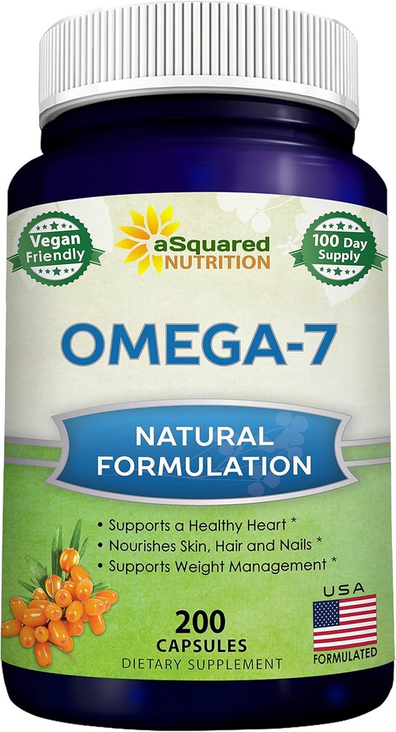 aSquared Nutrition Renset Omega 7 Fedtsyrer-200 Kapsler fra Natural Sea Buckthorn, XL Vitamin supplement, Ingen Fish Burp, Vegan, Omega 3 6 9 for komplette vægttab resultater
