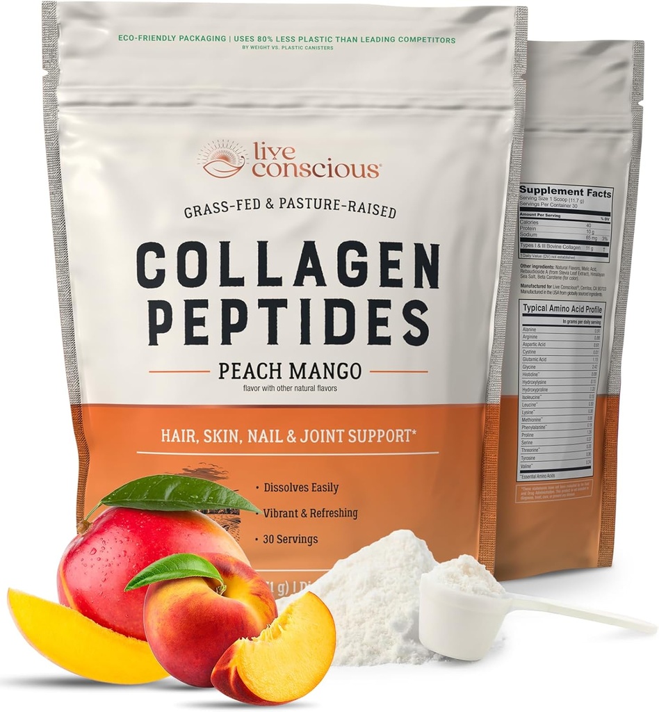 Live Bevidsthed collagen peptider pulver - Peach Mango flavored collagen pulver - hår, hud, søm, & fælles støtte - Type I & III Grass- Fed collagen kosttilskud til kvinder og mænd - 30 Servering - 13oz