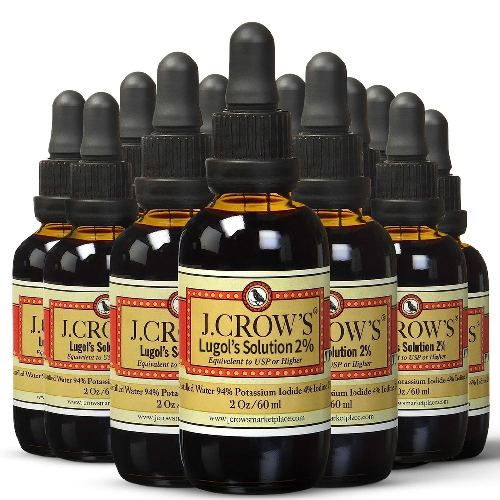 J.CROW 'S ® Lugol' s opløsning af jod 2% 2 oz (12 flasker) - Premium Jod & Kalium Iodide Liquid, Gluten &, Alkohol- Free Natural Brun Extract, Ingen Udåndinger