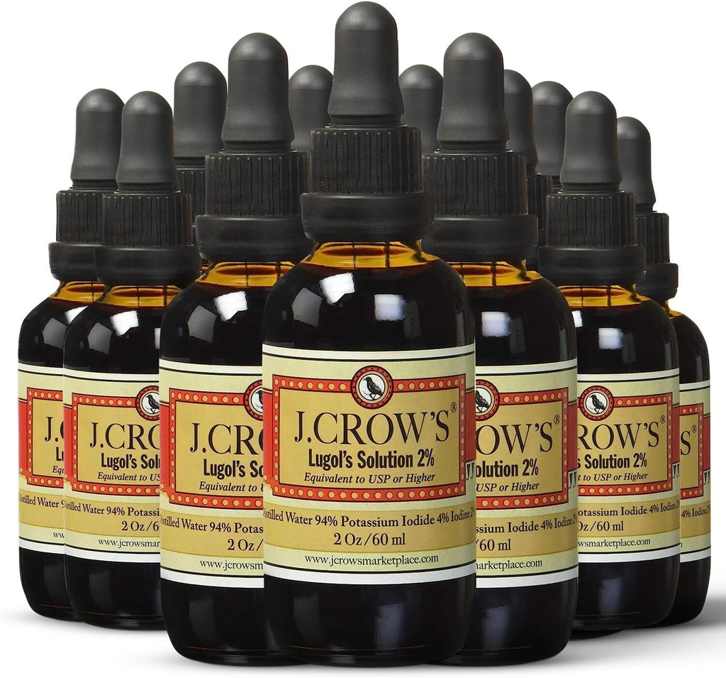 J.CROW 'S ® Lugol' s opløsning af jod 2% 2 oz (12 flasker) - Premium Jod & Kalium Iodide Liquid, Gluten &, Alkohol- Free Natural Brun Extract, Ingen Udåndinger