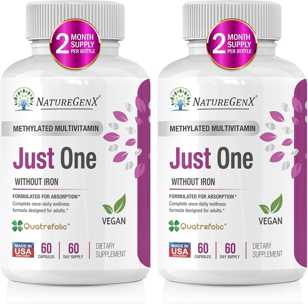 Kun én daglig methyleret multivitamin med methyl B12, Quatrefolisk methylfolfolat, Pure MTHFR supplement til mænd og kvinder uden jern, 2 flasker (60 Vegankapsler), USA- Made