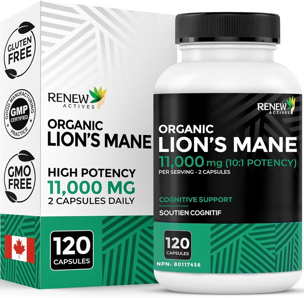 Renew Actives Premium Organic Lion 's Mane Mushroom 1100MG per 2 Kapsler - Understøtter Brain Funktion, Hukommelse, Fokus, Stress Relief & Immun Health, Non- GMO, Vegan - Made in Canada - 120 Kapsler