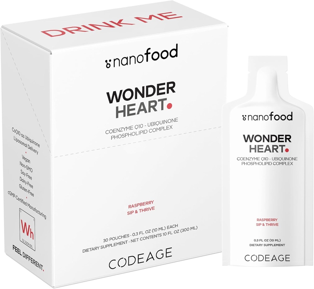 Codeage Wonder Heart Liquid CoQ10 Liposomal Ubiquinone Supplement, Coenzym Q10 Heart Vitaminer, Non- GMO Sunflower Phosphatidylcholine Vegan Blend, Raspberry Flavored Softgel, pakke med 30 Pouches