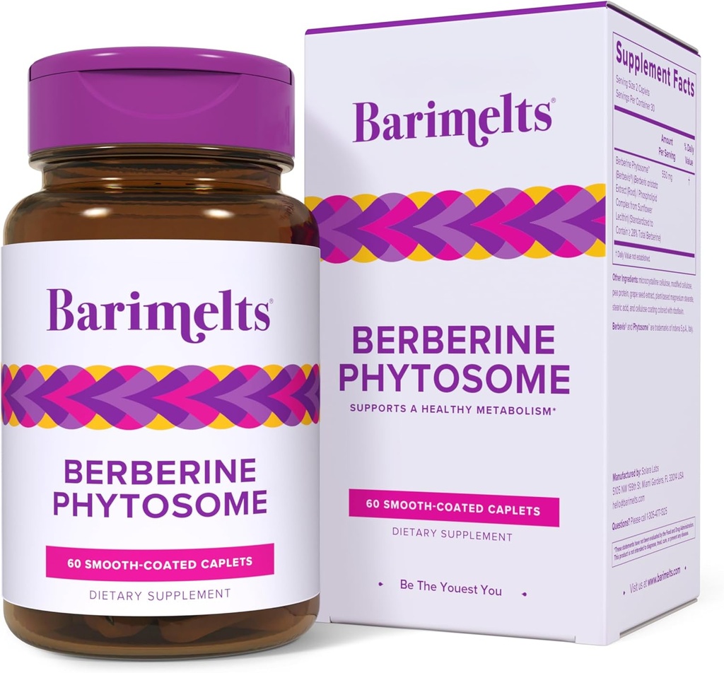 Barimelts Berberine Phytosome 50mg for GLP-1 Brugere og Bariatriske Patienter - Metabolisme Support - 60 Smooth- Coated Caplets (1- Måned Supply)