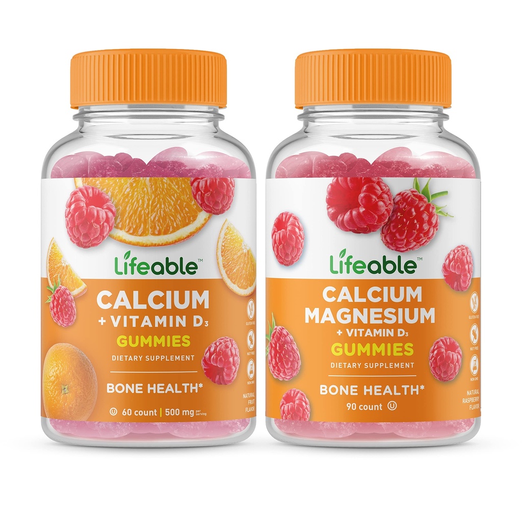 Lifeable Calcium med D-vitamin + Calcium Magnesium, Gummies Bundle - Great Tasting, Vitamin Supplement, Gluten Free, GMO Free, Chewable