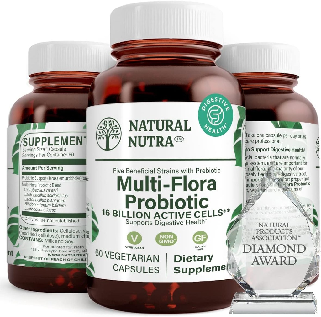 Naturlig Nutra Ultimate Flora Probiotisk for kvinder og mænd, Hjælper Forbedrer fordøjelsen, bidrager til den samlede sundhed, fremmer immunsystemet, Multi- stamme med Lactobacillus, Acidophilus, 60 kapsler