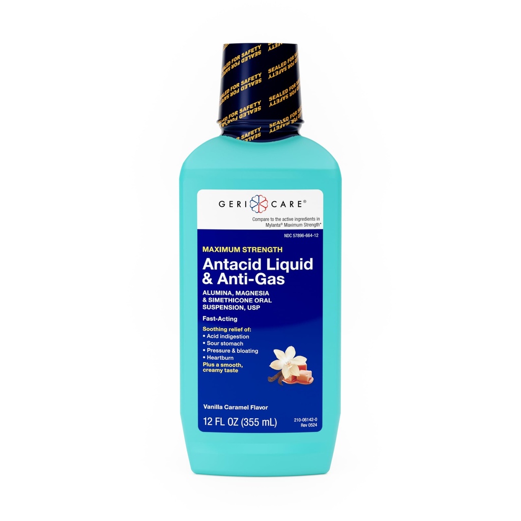 GeriCare Antacida Flydende & Anti- Gas Relief, Maksimal Styrke til Heartburn, Syre Reflux, Sour Mave, Tryk & Bloating, Syre Forstoppelse, & Gas, Vanilla Caramel Flavor, 12 fl oz.