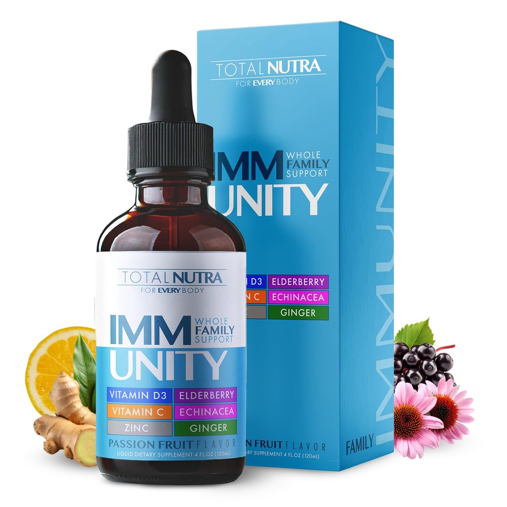 Total immun 6- in-1 Flydende Multivitamin Supplement Name 124; 100% Daglig zink, vitamin D3, C-vitamin Immunitet Dropper Vitamin Flydende # 124; Elderberry, Echinacea, Ginger Support til voksne & Kids # 124; 4 oz Passionsfrugt