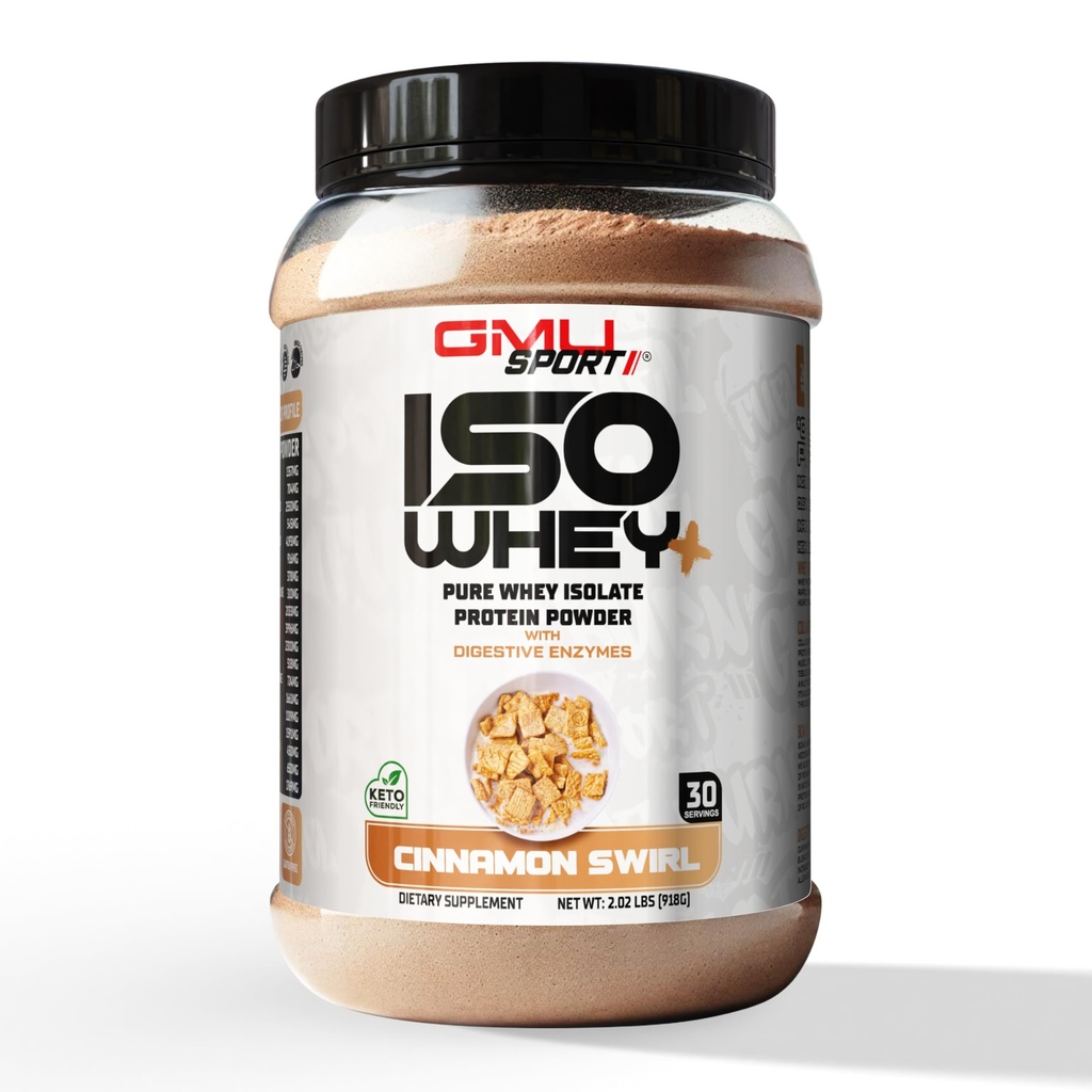 GMU SPORT - 100% Whey Protein Isolate Powder - 2 LB Whey Isolate Protein Powder med Collagen Peptider, fordøjelige enzymer & BCAA - Protein Powder med 30 Servere - Kanel Swirl
