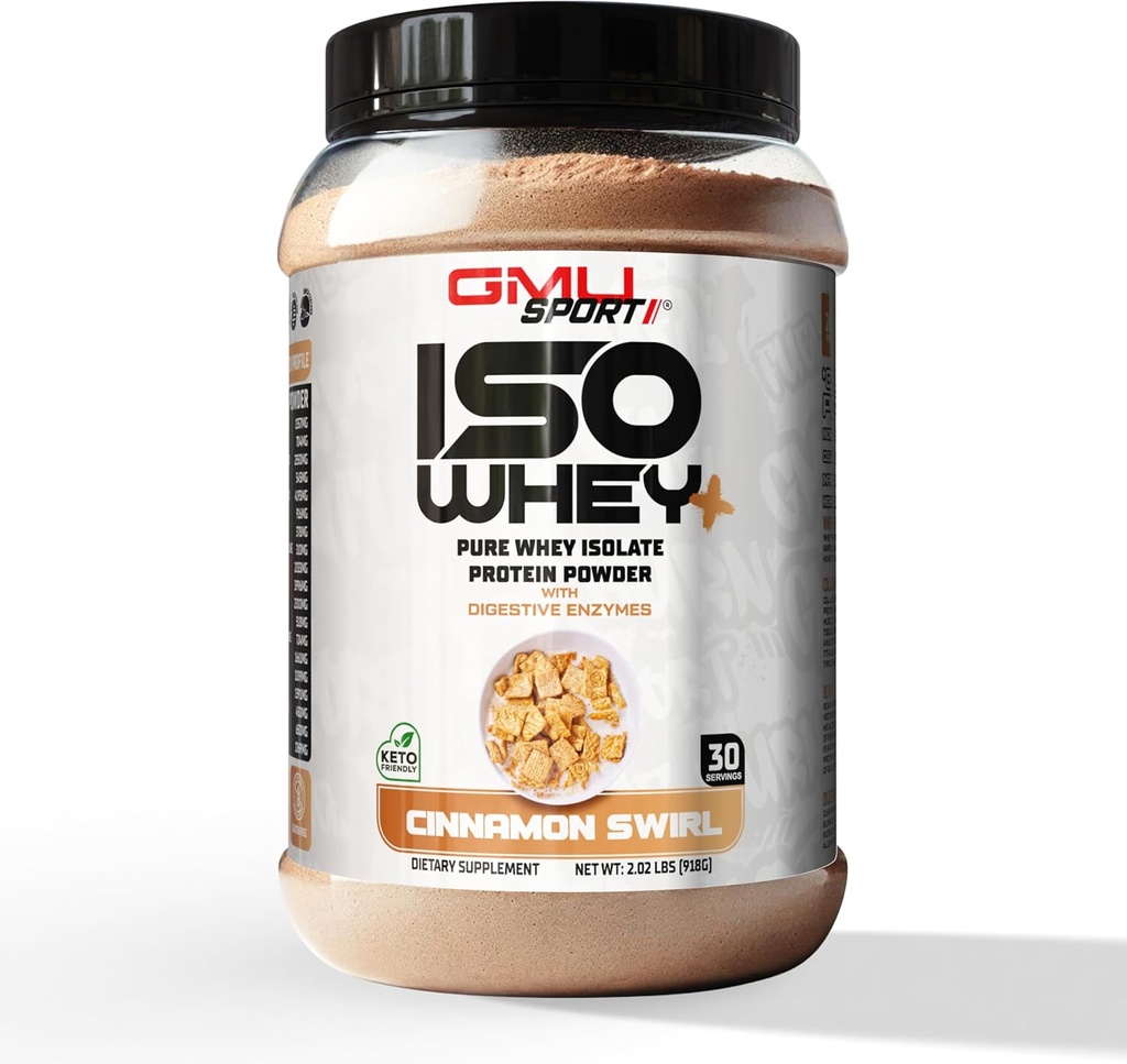 GMU SPORT - 100% Whey Protein Isolate Powder - 2 LB Whey Isolate Protein Powder med Collagen Peptider, fordøjelige enzymer & BCAA - Protein Powder med 30 Servere - Kanel Swirl