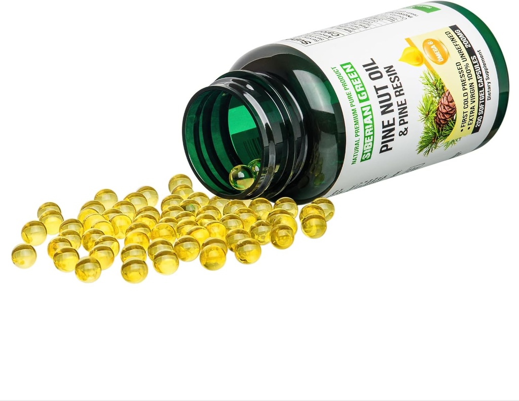 Siberian Green Pine Nut Oil w / Pine Resin Capsules 200 Softgels Wild Hartered Sibirien Altai Cold Pressed Uraffineret
