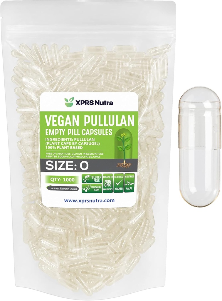 XPRS Nutra Størrelse 0 Pullulan Tomme kapsler - 1000 Grev ren etiket Plantcapes Clear Tomme Vegan kapsler - Premium Vegetar piller - selv vegetabilsk kapsel påfyldning for Do- It- Yourself kosttilskud