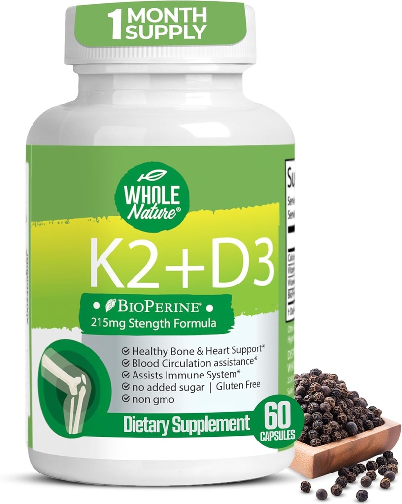 K2 D3 vitamintilskud med BioPerine - Vegan Calcium med vitaminer K og D - Avanceret D3K2 VIT 5000 IE - 60 Vegan D3 Plus K2 MK- 7 Komplekse ernæringsmæssige kapsler til hjerte og ben sundhed (1