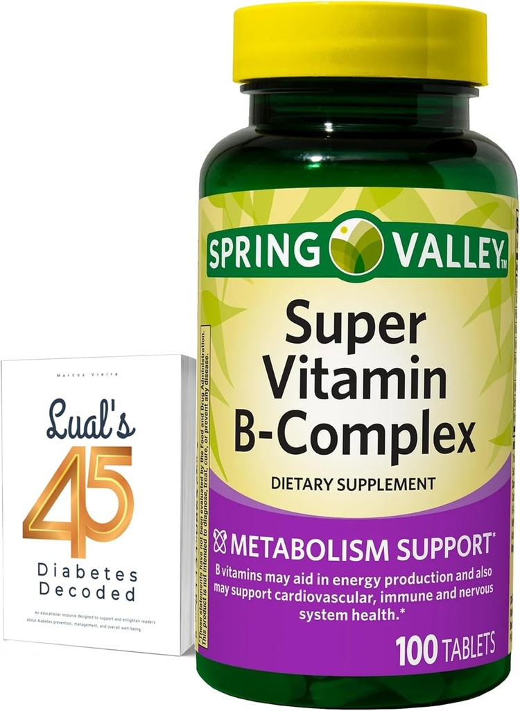 Spring Valley Super Vitamin B Complex Calcium Carbonat, Ascorbic Acid 100 tabletter Bundle med Lual 's 45 Diabetes Decoded
