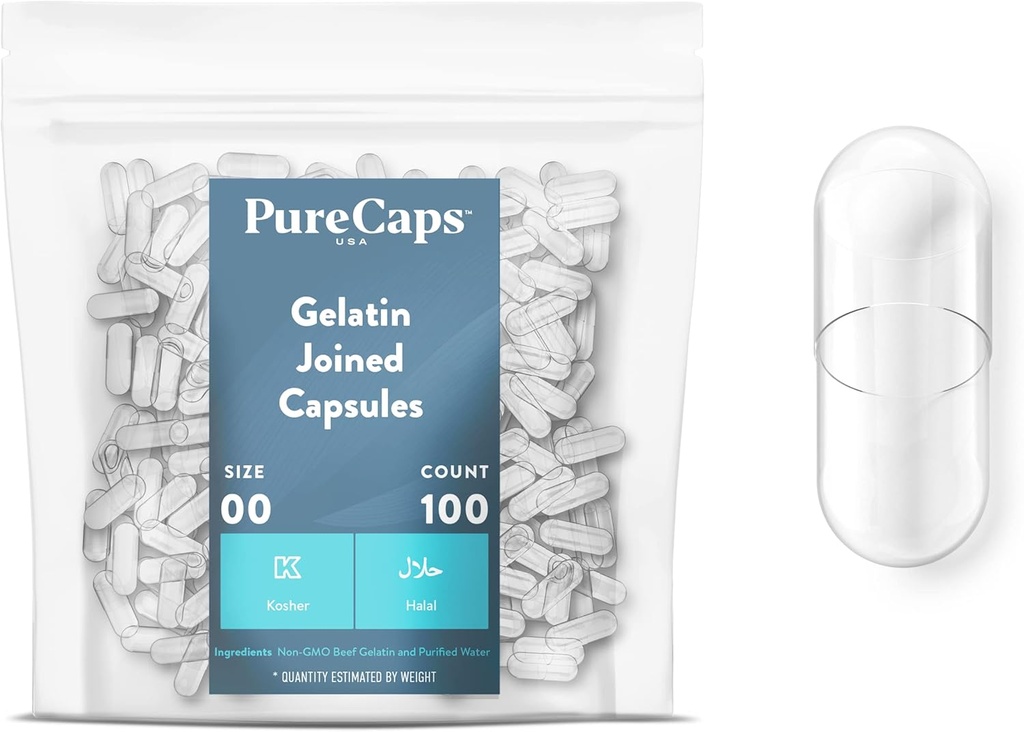 PureCaps USA - Tomme Gelatine Kapsler Størrelse 00 ttesmå 124; 100 Forenede Pills • 124; Clear • 124; Non- GMO Certificeret • 124; SLS, Gluten, Konserveringsfri