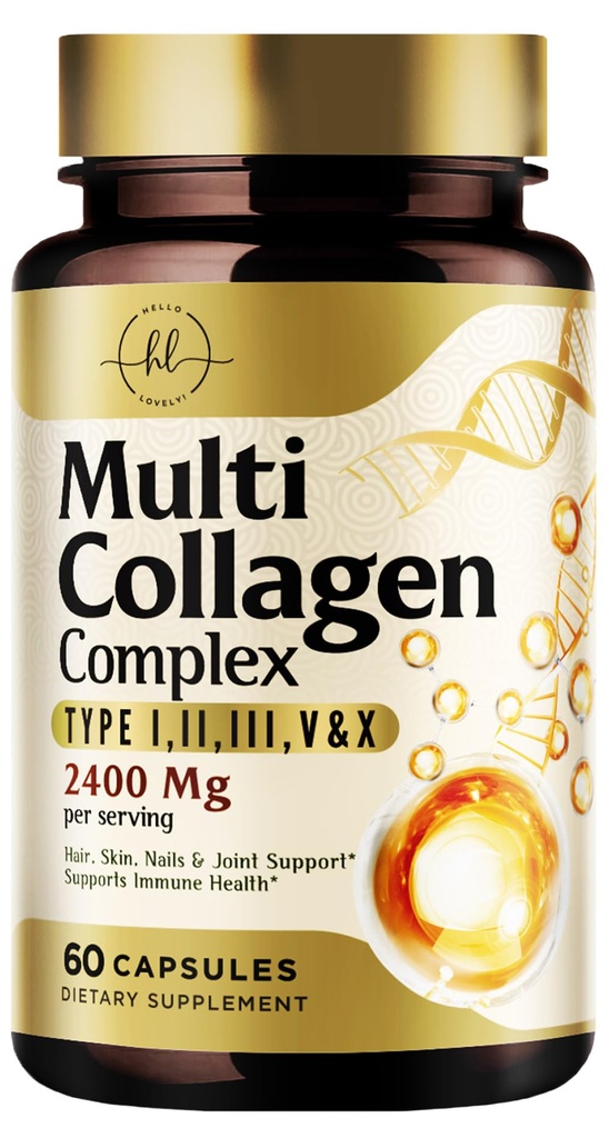Multi Collagen Peptider 2400mg til kvinder - bedste hydrolyseret Collagen kompleks med 5 typer (I, II, III, V, X) - Græs Fed - hår, hud, nail, ben & fælles støtte til skønhed og velvære - 60 kapsler
