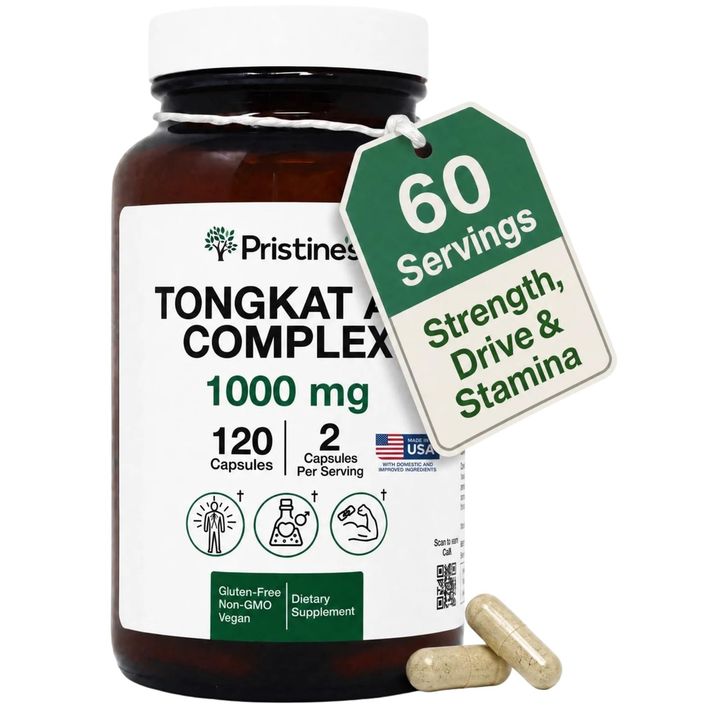 PRISTINE 'S Tongkat Ali Kapsler - 1000MG 60 Day Supply - Atletisk Performance Support - Lean Mass Muscle Building Herbal supplement til mænd og kvinder - Vegan, Gluten Free, Non GMO