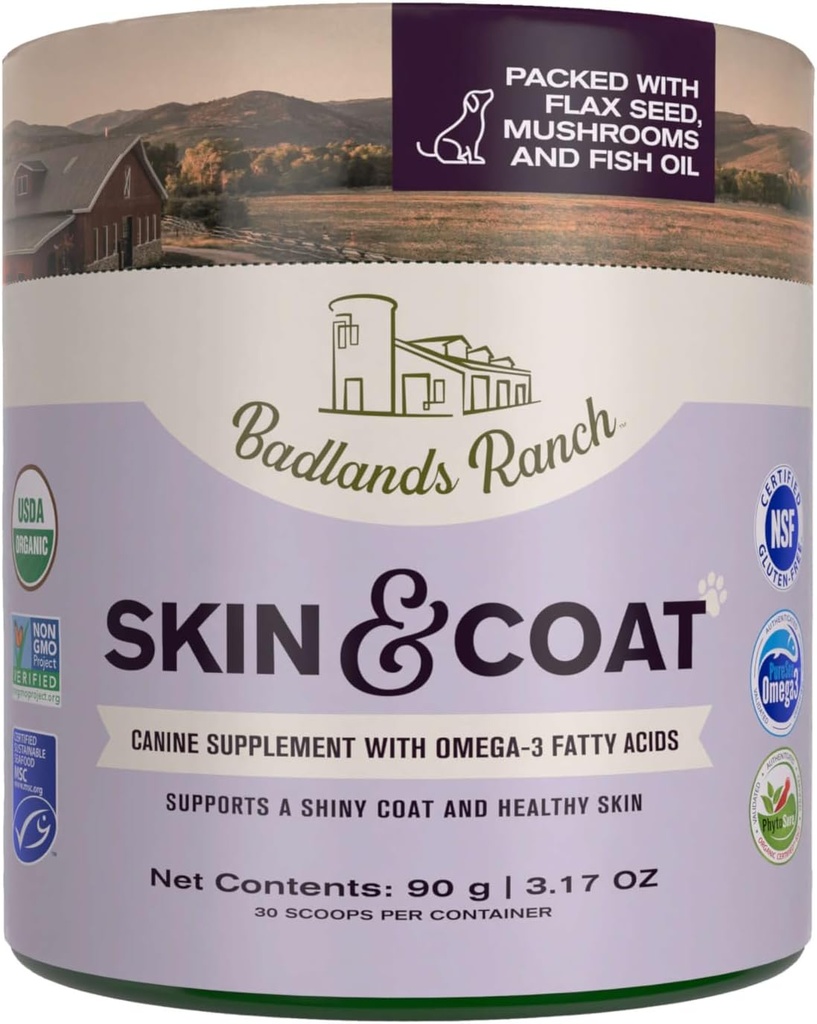 Badlands Ranch - Hud & Coat Canine Supplement w / Omega-3 Fedtsyrer, Org. Ingredienser, Antioxidant Topper, Nourish Coat & Paws, Fælles, Support Shiny Coat & Sund Hud af Katherine Heigl (30 Scoops)