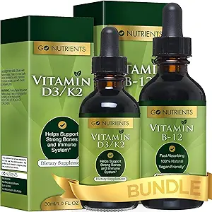 Go Nutrients Vitamin B12 & Vitamin D3 w / K2 Liquid Drops Bundle 124; Liquid Vitamin B12 Drops, 2oz; Liquid Vitamin D3 Drops, 1oz D124; Ingen GMO 'er, Ingen konserveringsmidler