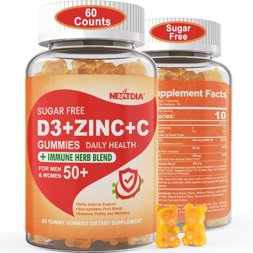Sugar Free Vitamin C + D3 + Zinkgummier til voksne 50 +, 9 i 1 immunforsvar tillæg med D3 5000IE, Elderberry, Echinacea, Mullein Leaf for Boost Immunitet, Power Antioxidant, Vegan (pakke med 1)