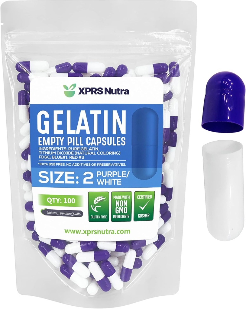 XPRS Nutra Størrelse 2 Tomme kapsler - 100 Tomme Gelatine kapsler - Piller gør det - Pure Bovin Pill Gel Caps til Do- It- Yourself Kosttilskud (lilla / hvid)